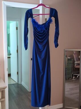 SHEIN Royal Blue Long Sleeve Feather-Trim Maxi Dress